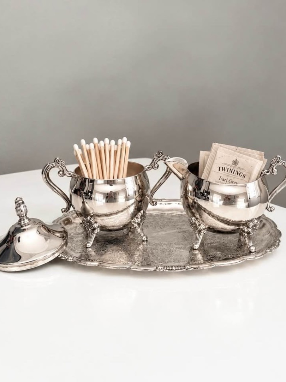 Vintage Silverplate Creamer Sugar Bowl Tray Set Matchstick and Tea Bag Holders